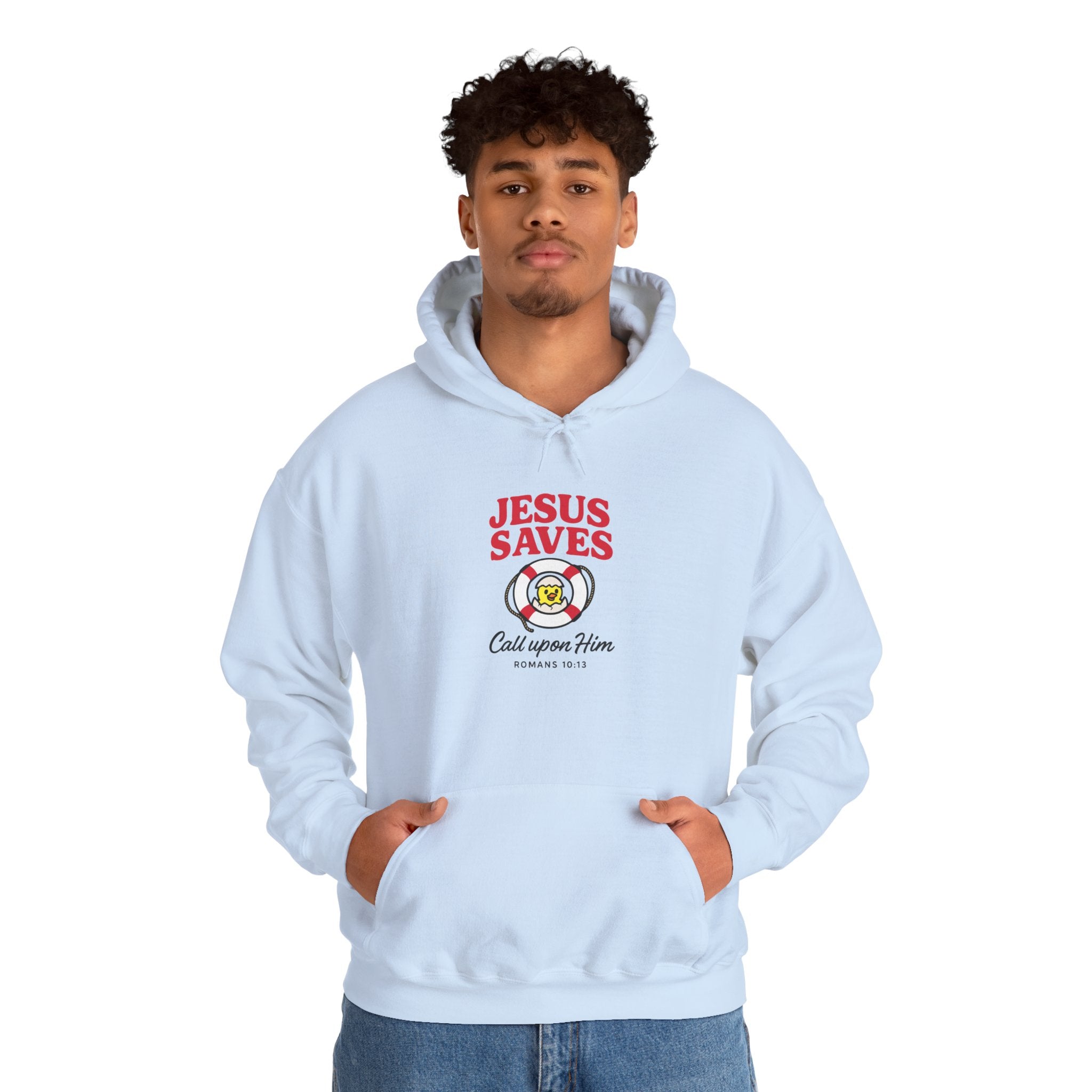 Person wearing a light blue hoodie with 'Jesus Saves' text and logo on a white background