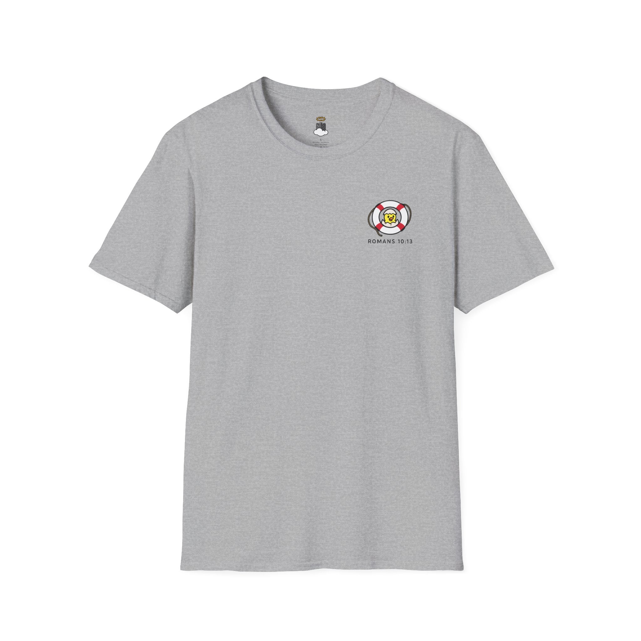 Gray t-shirt with a small logo on the chest against a white background