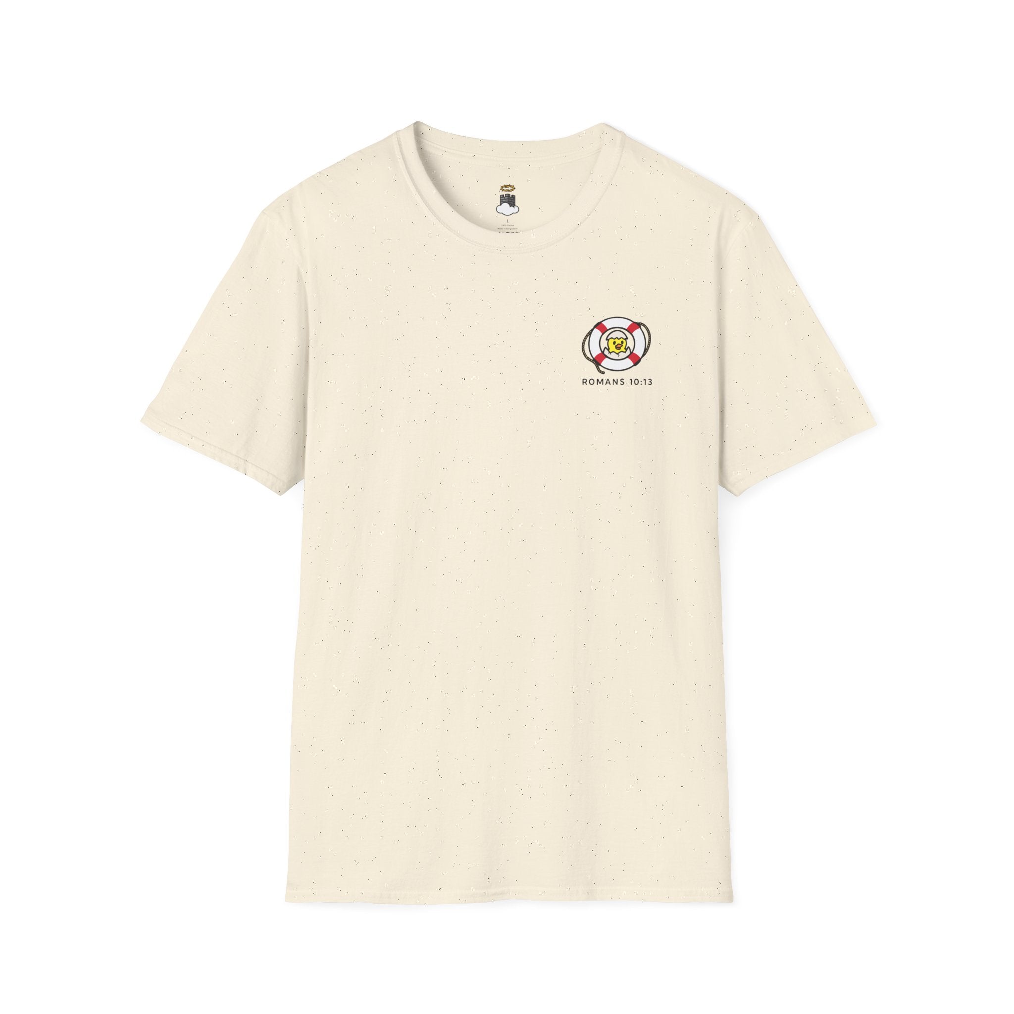 Beige t-shirt with a graphic design on a white background