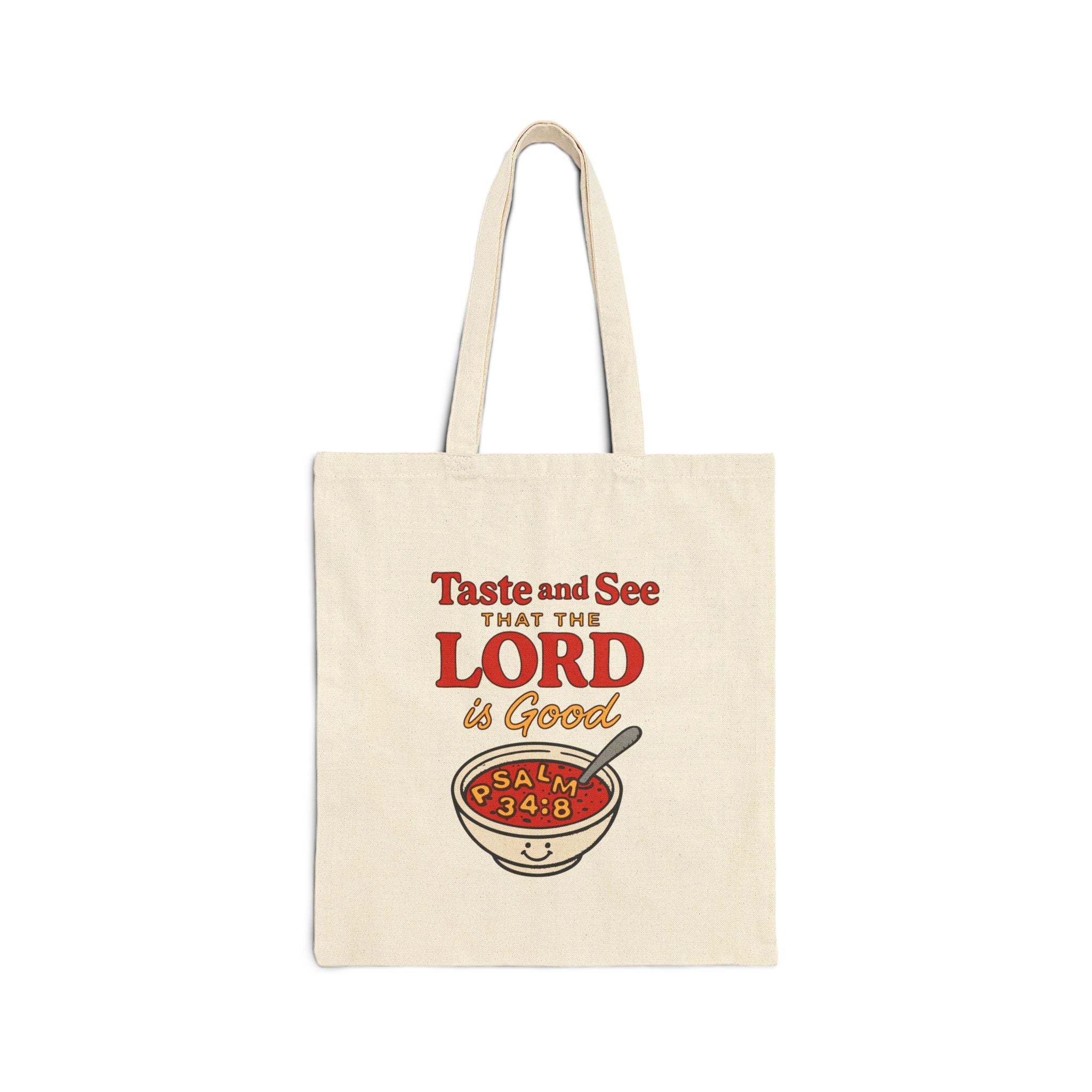Beige tote bag with red and brown text and design on a white background