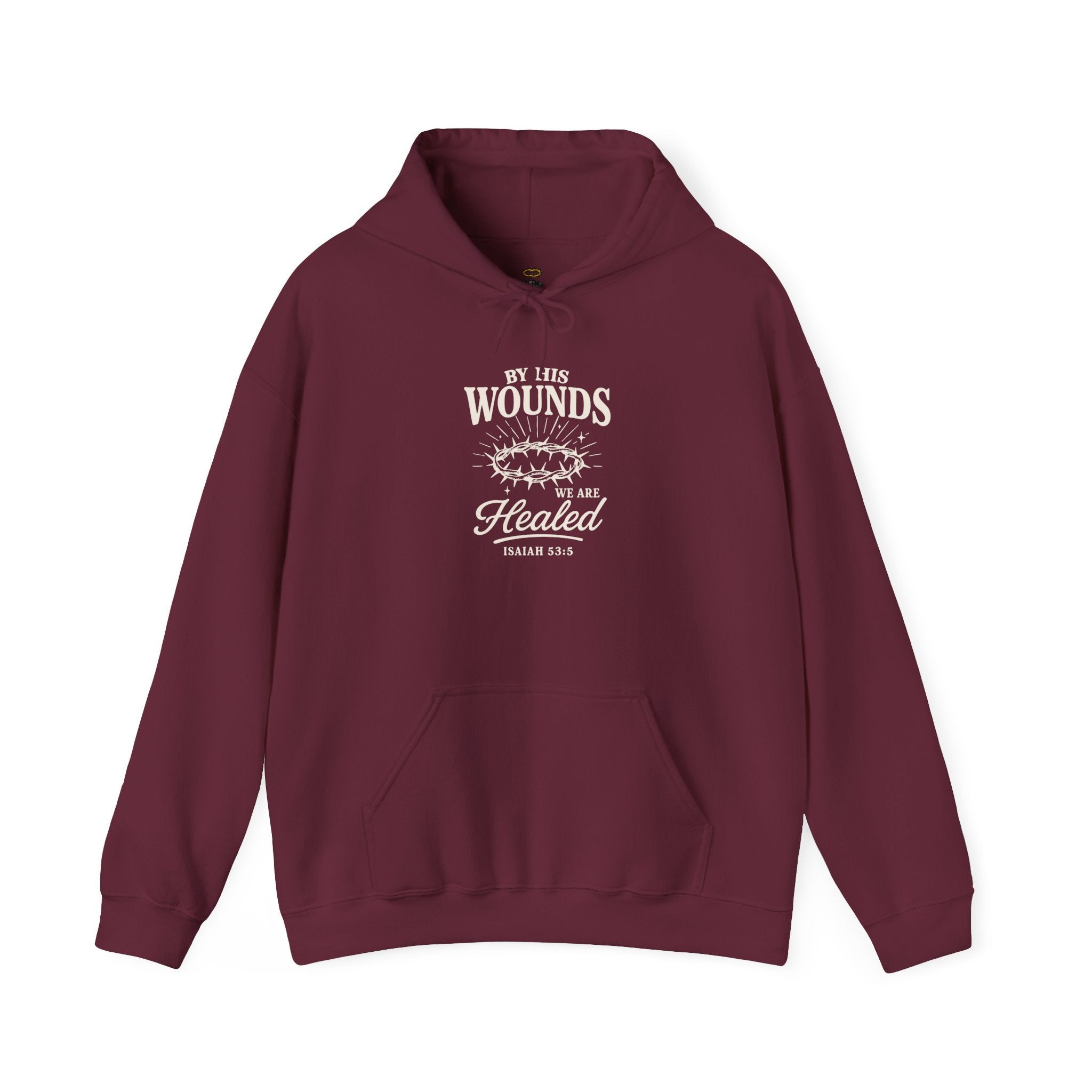 Maroon hoodie with white text and design on a white background