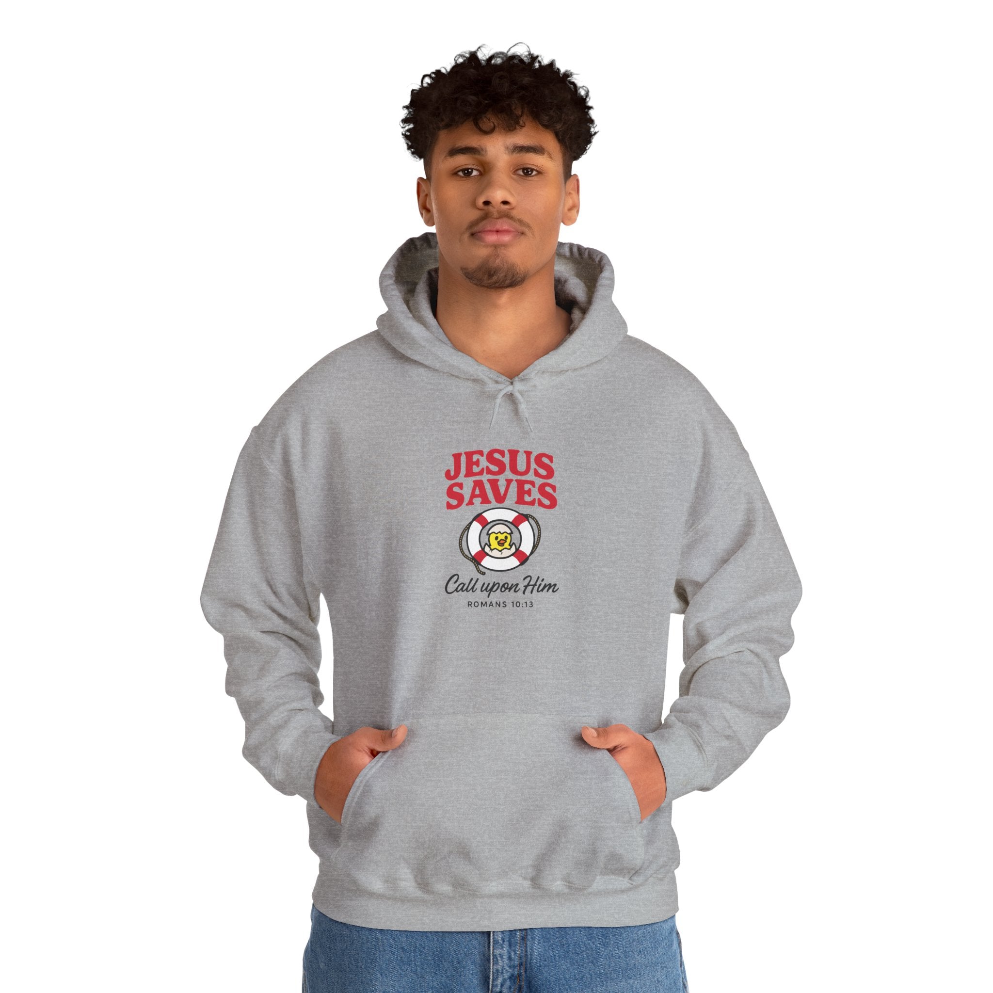 Person wearing a gray hoodie with 'Jesus Saves' text and logo on a white background