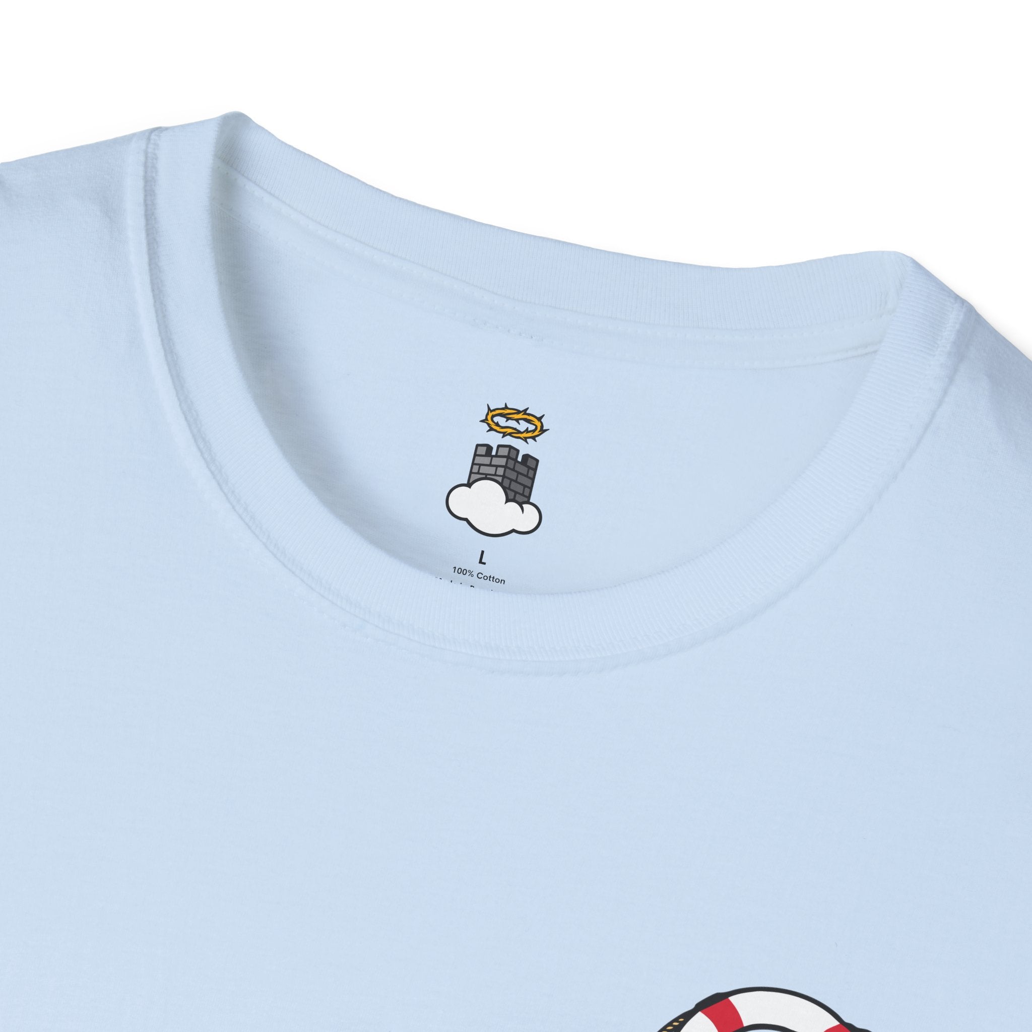 Light blue t-shirt with a small graphic on the collar area