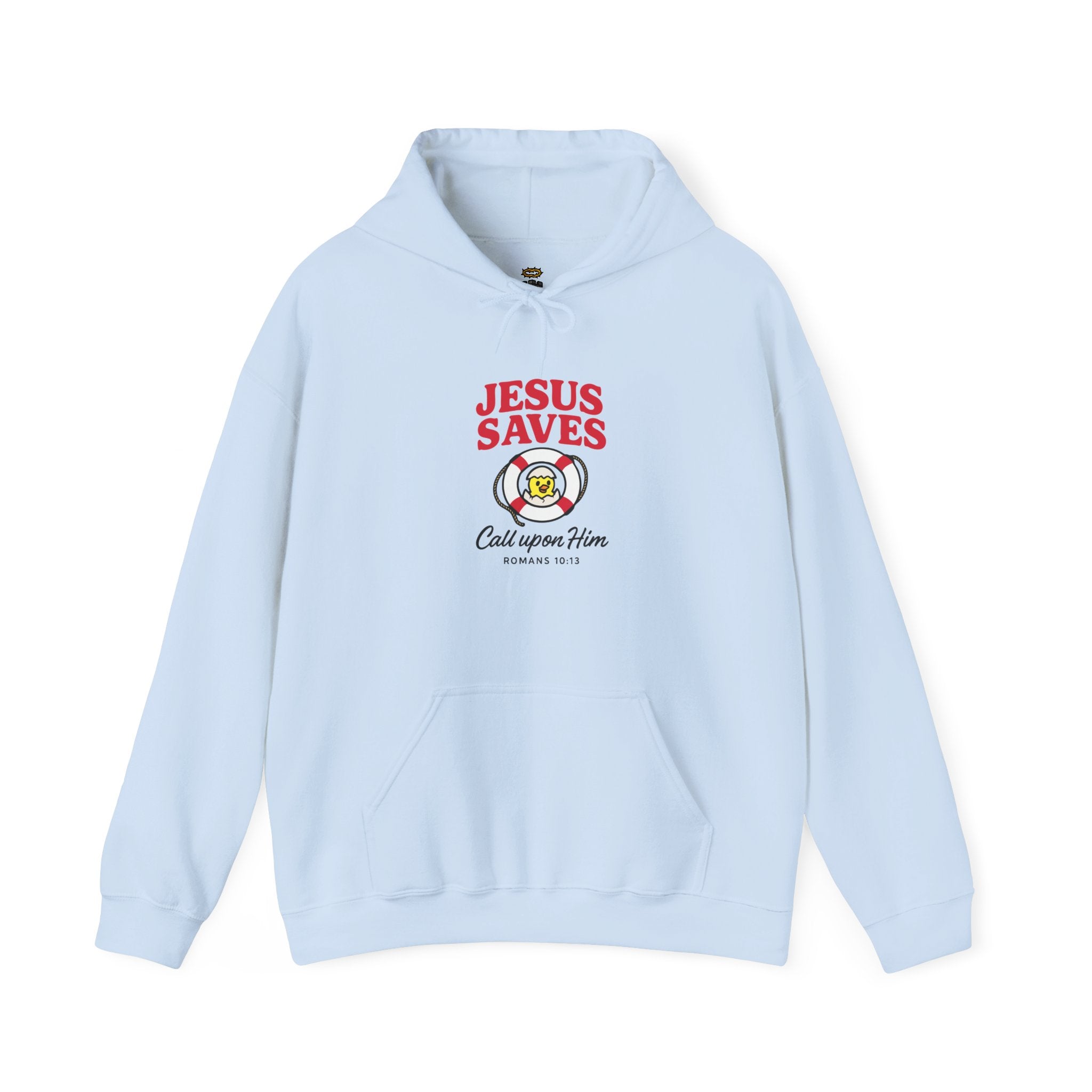 Light blue hoodie with 'Jesus Saves' text and design on a white background