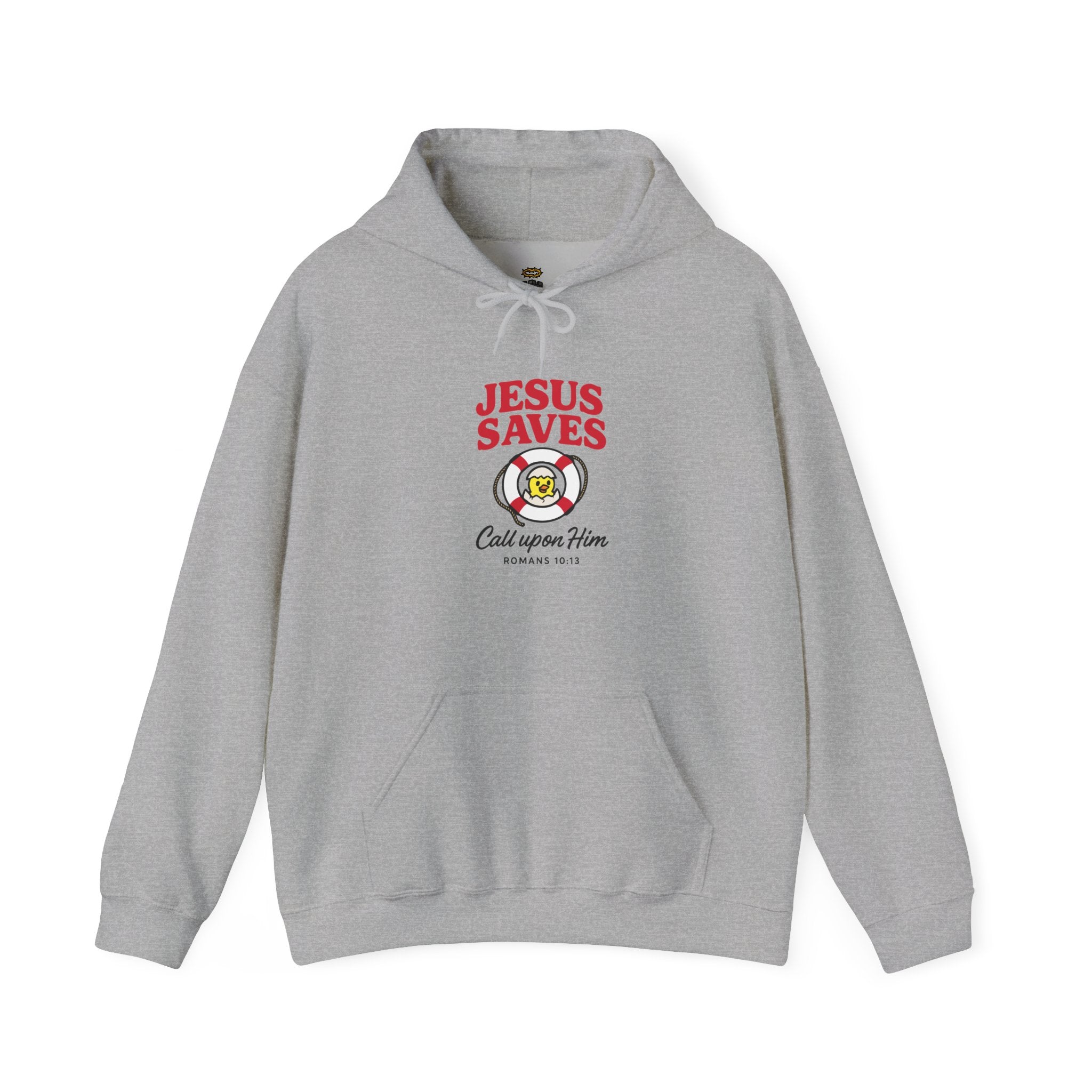 Gray hoodie with 'Jesus Saves' text and design on a white background