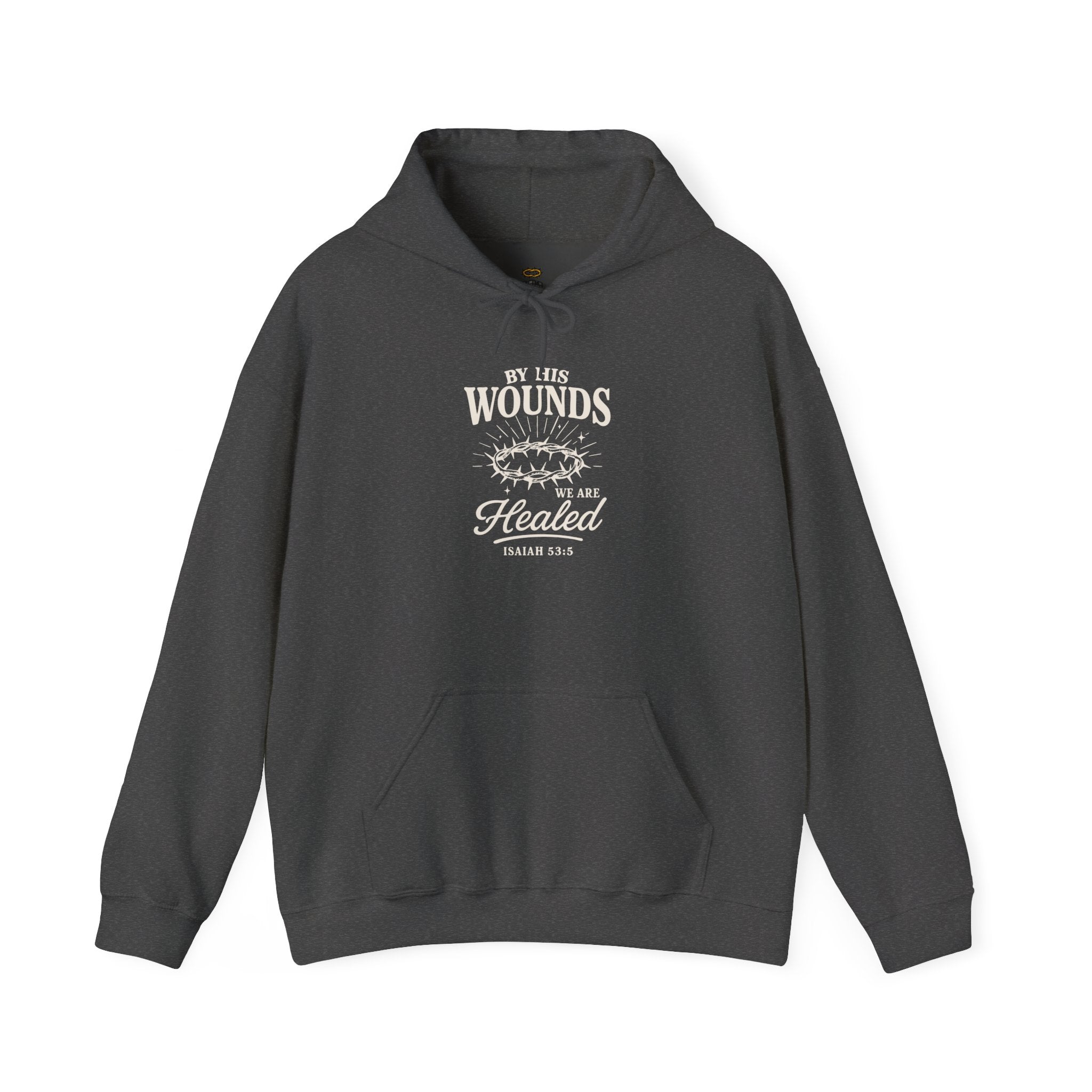 Dark gray hoodie with white text and design on a white background