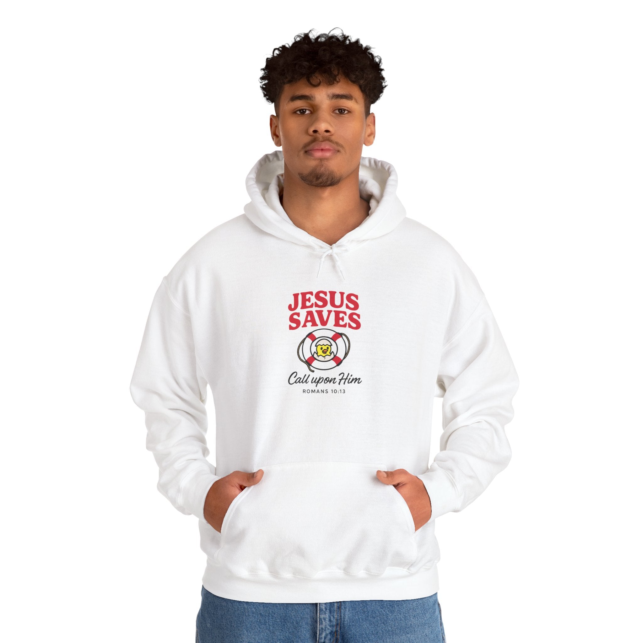 Person wearing a white hoodie with 'Jesus Saves' text and logo on a white background