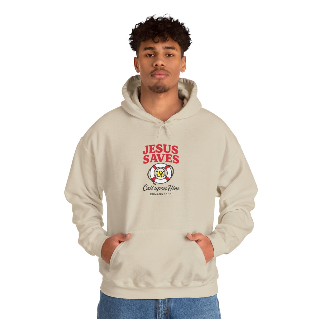Person wearing a beige hoodie with 'Jesus Saves' text and logo on a white background