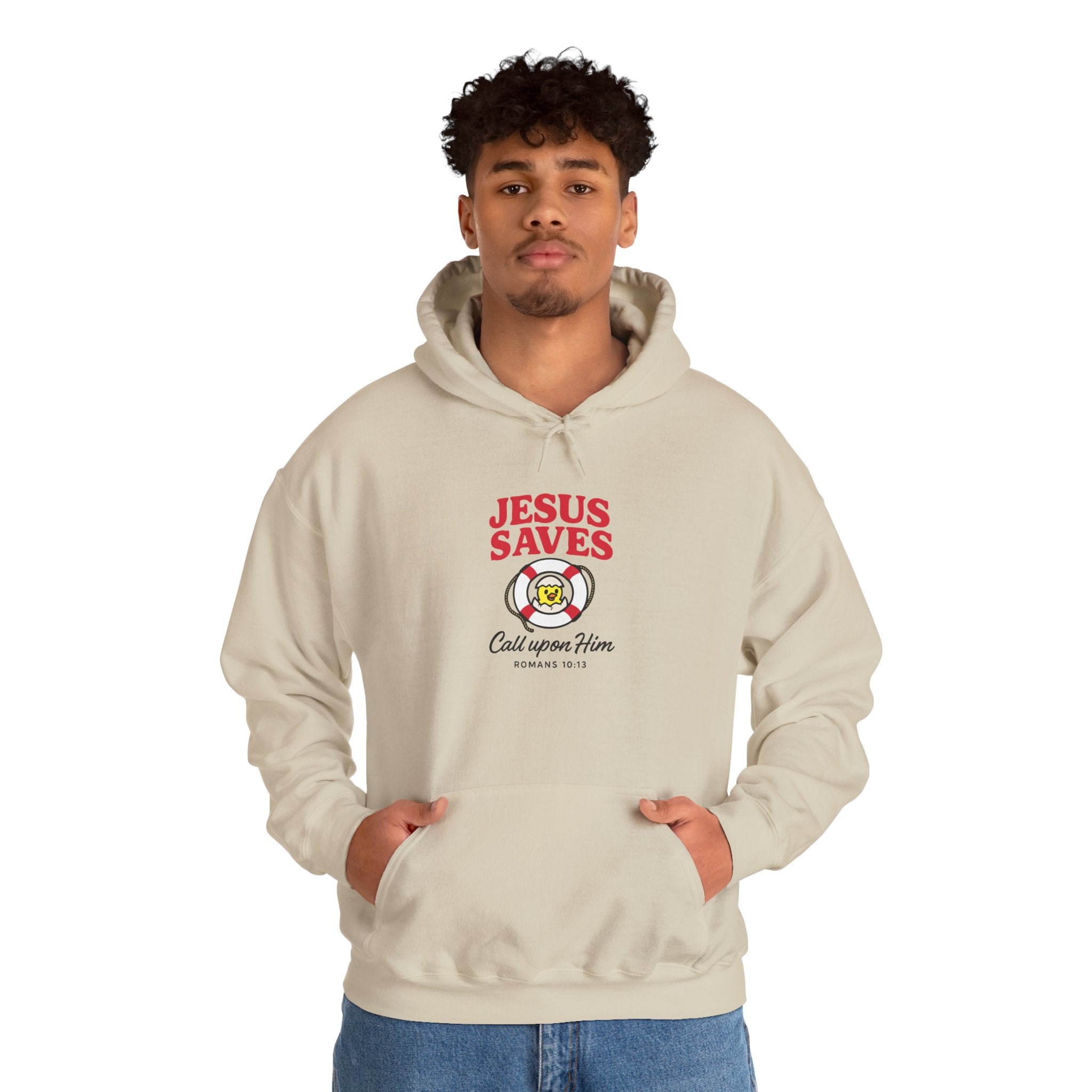 Person wearing a beige hoodie with 'Jesus Saves' text and logo on a white background