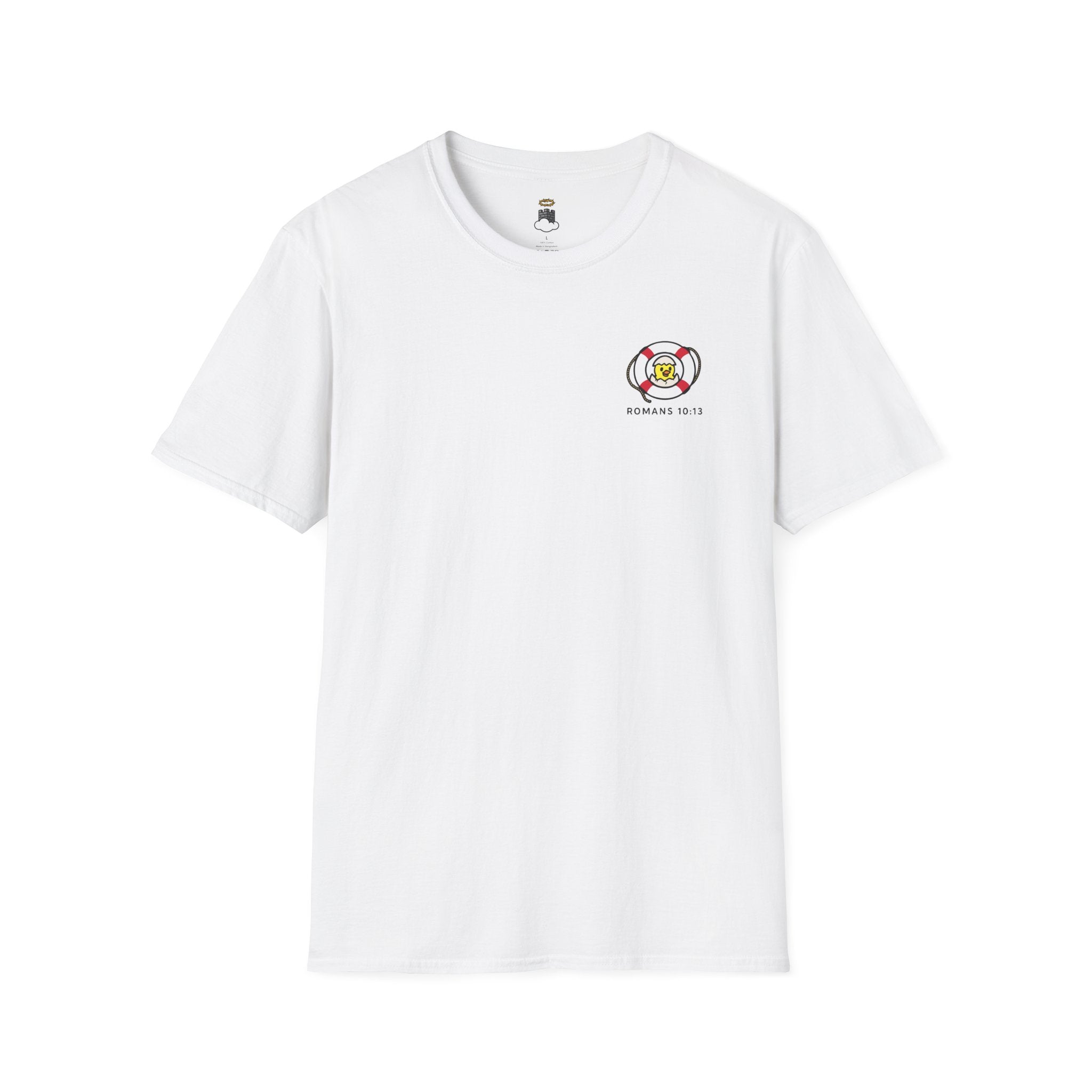 White t-shirt with a small logo on a white background