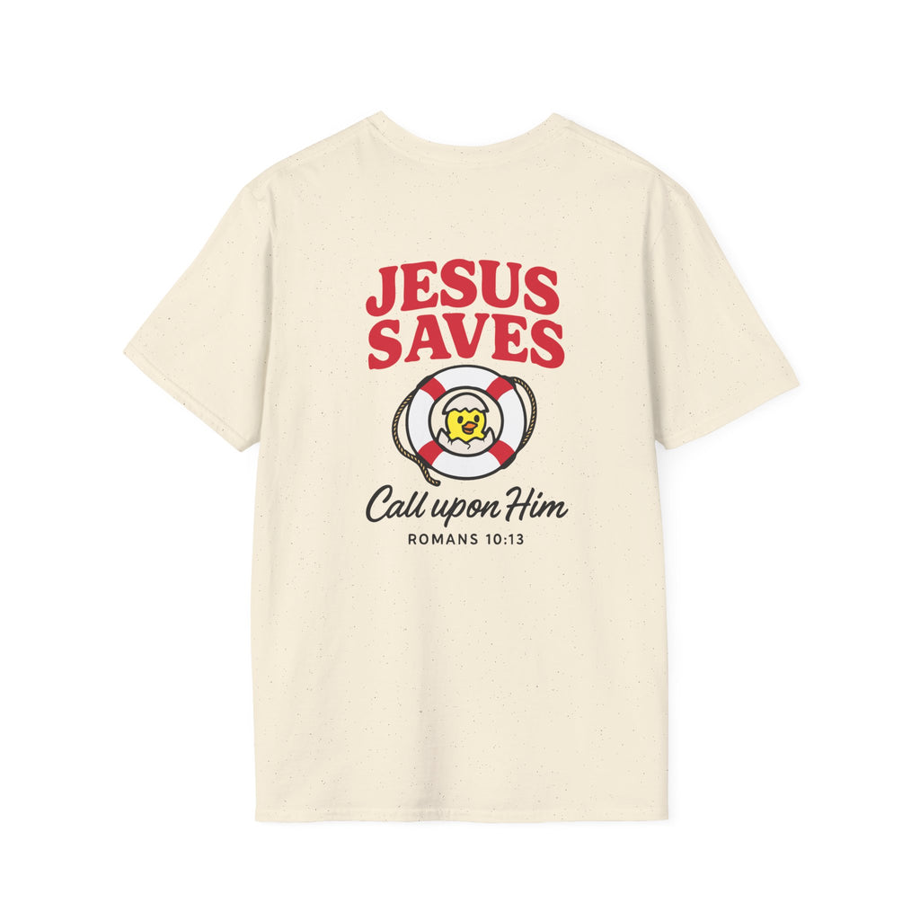 Beige t-shirt with 'Jesus Saves' graphic and text on a white background
