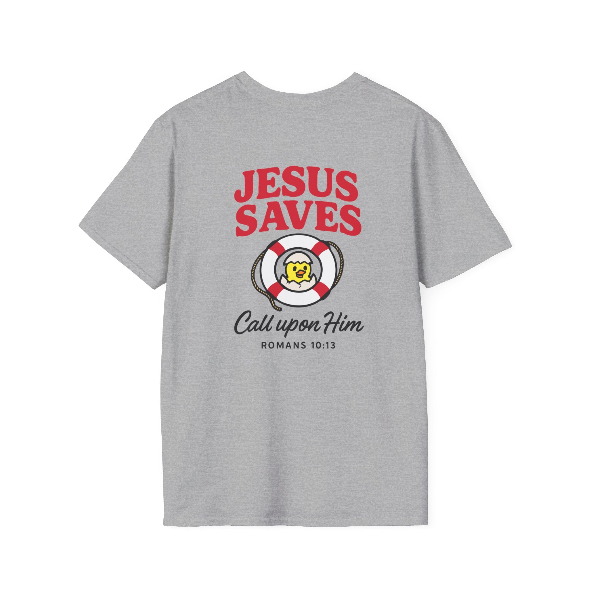 Gray t-shirt with 'Jesus Saves' graphic and text on a white background