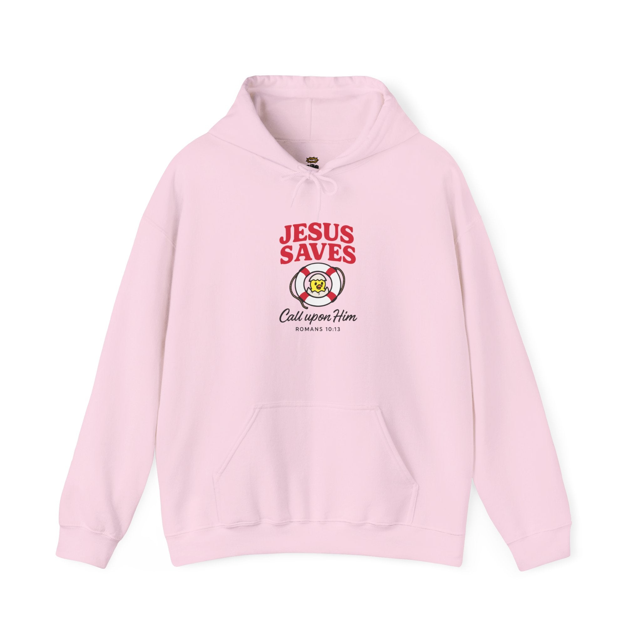 Pink hoodie with 'Jesus Saves' text and design on a white background