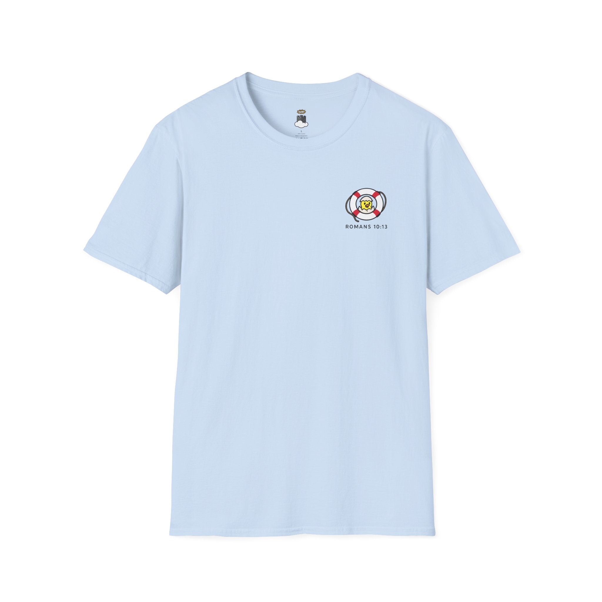 Light blue t-shirt with a small logo on a white background