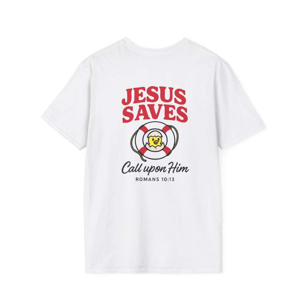 White t-shirt with 'Jesus Saves' text and graphic on a white background
