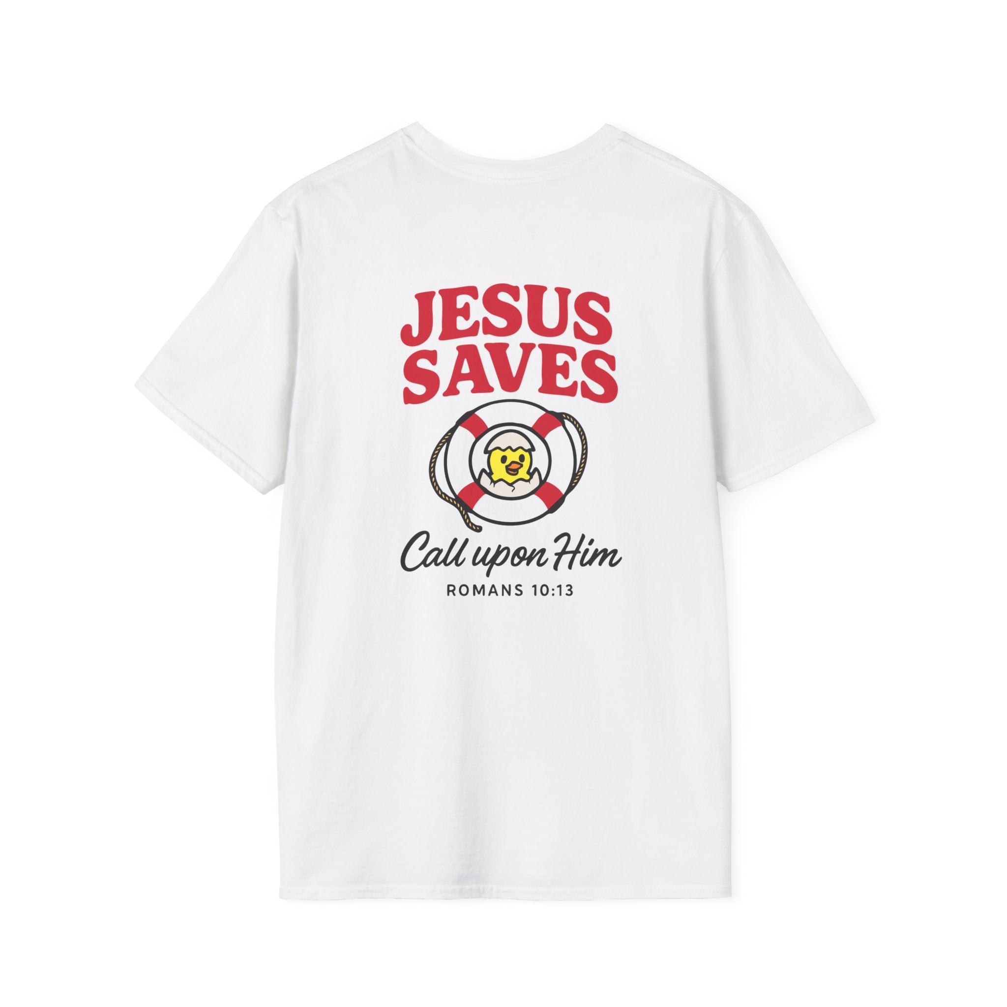 White t-shirt with 'Jesus Saves' text and graphic on a white background