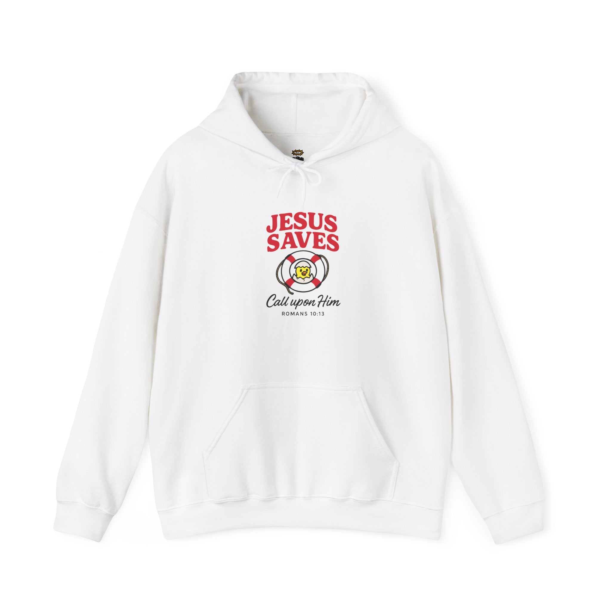White hoodie with 'Jesus Saves' text and logo on a white background