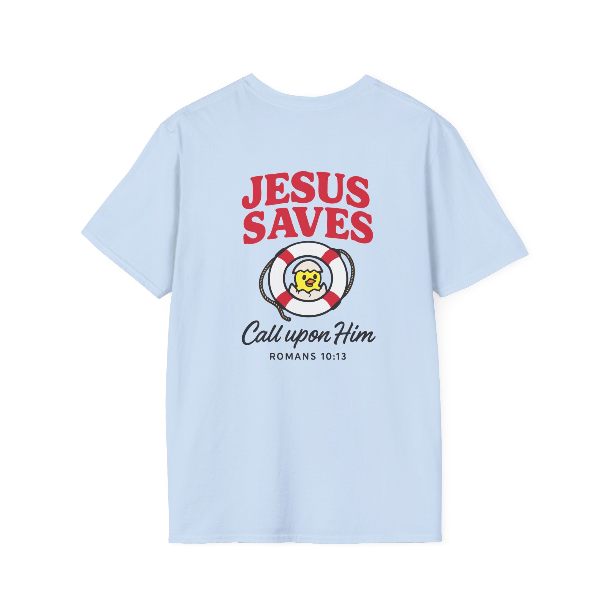 Light blue t-shirt with 'Jesus Saves' graphic and text on a white background