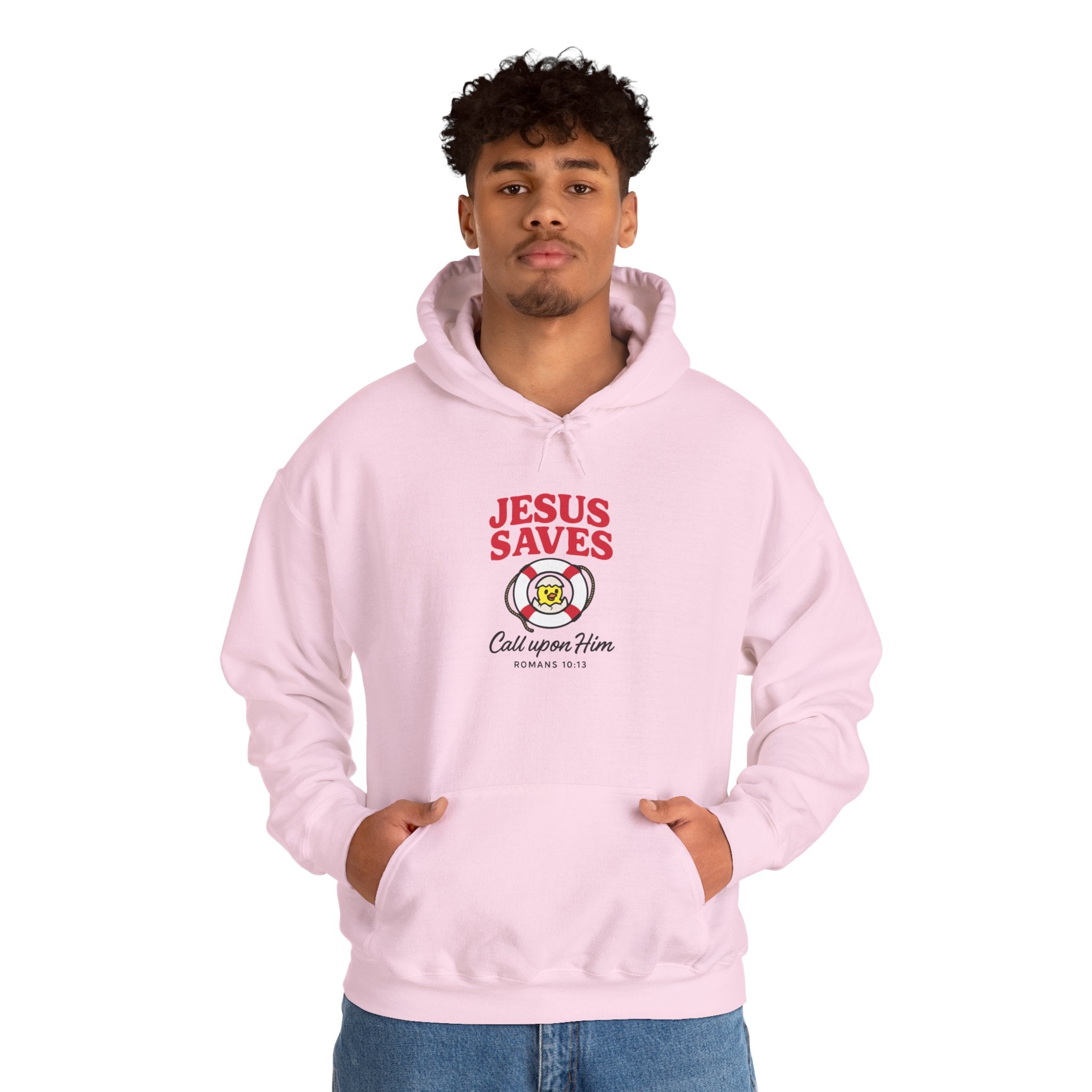 Person wearing a pink hoodie with 'Jesus Saves' text and logo on a white background